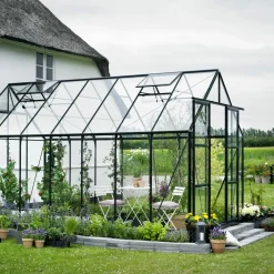 Halls Magnum 148 drivhus grøn med hærdet glas, inkl. sokkel 11,5 m²